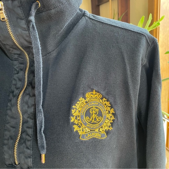 Lauren Ralph Lauren Black Half-Zip Funnel Neck Sweatshirt with Gold Crest Emblem - Picture 12 of 12